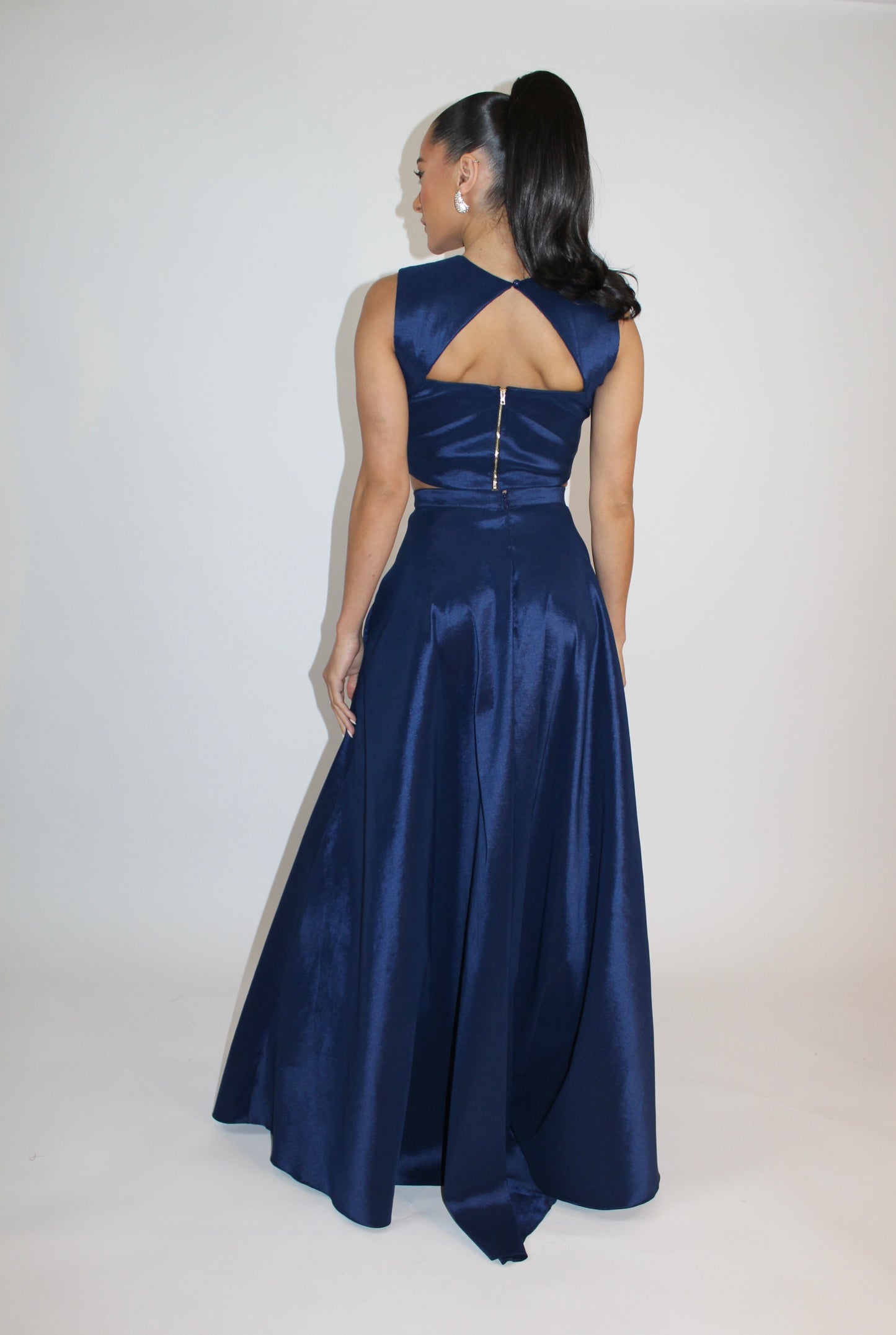 Taffeta crop top and high waisted slit maxi skirt set