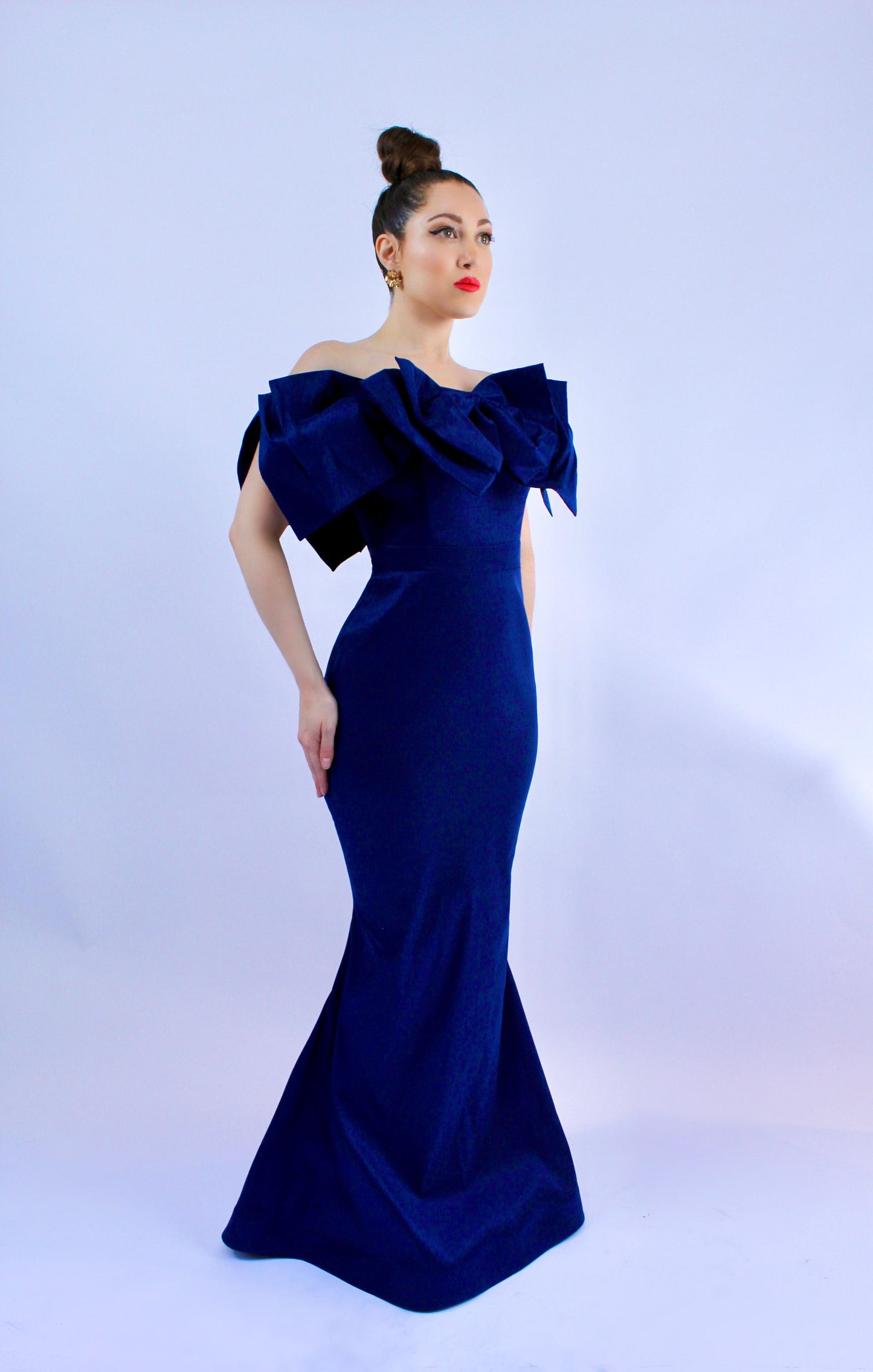 Jackie taffeta off shoulder bow detail mermaid gown