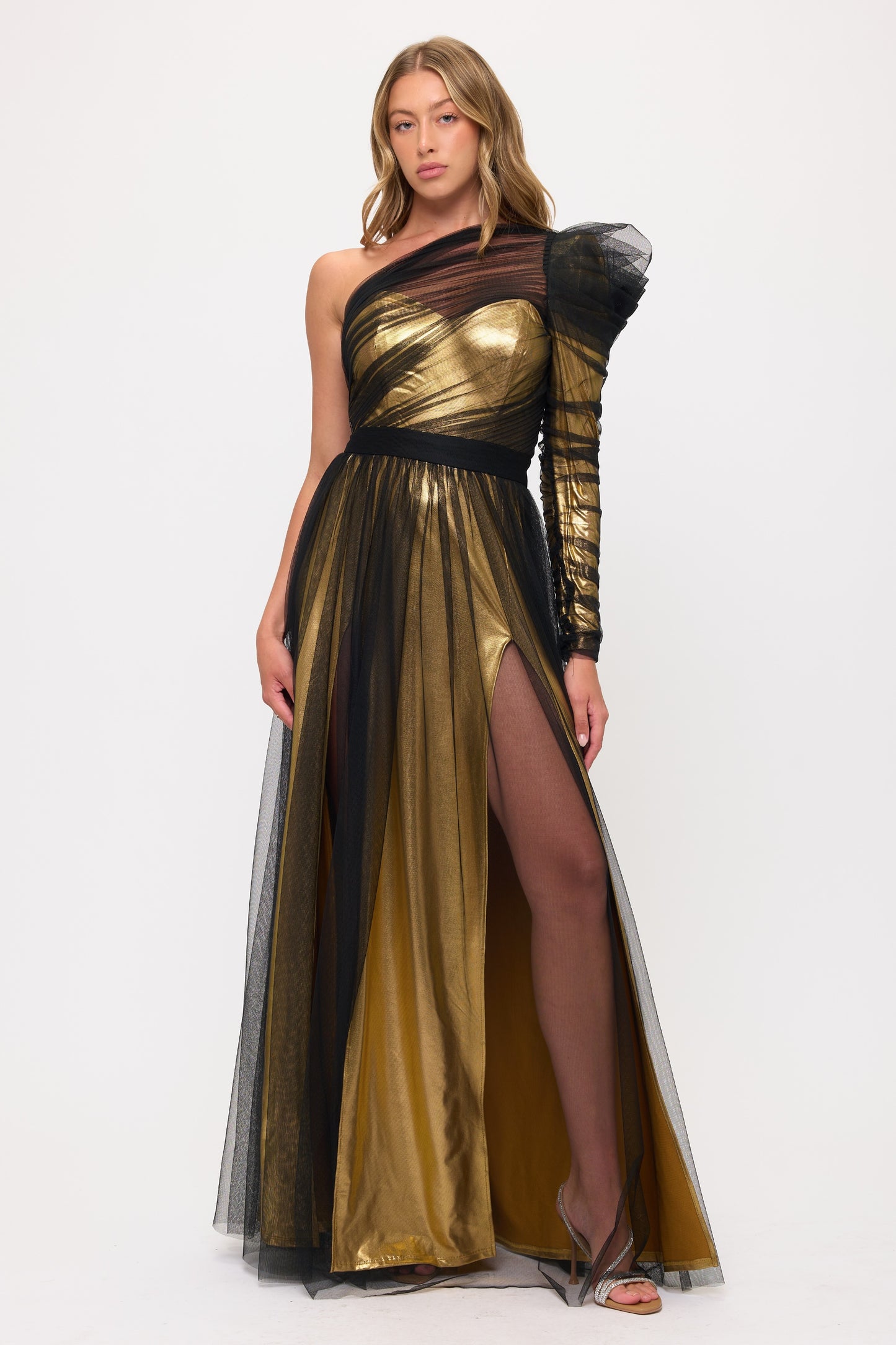 Metallic lamé and tulle one shoulder gathered side slit gown