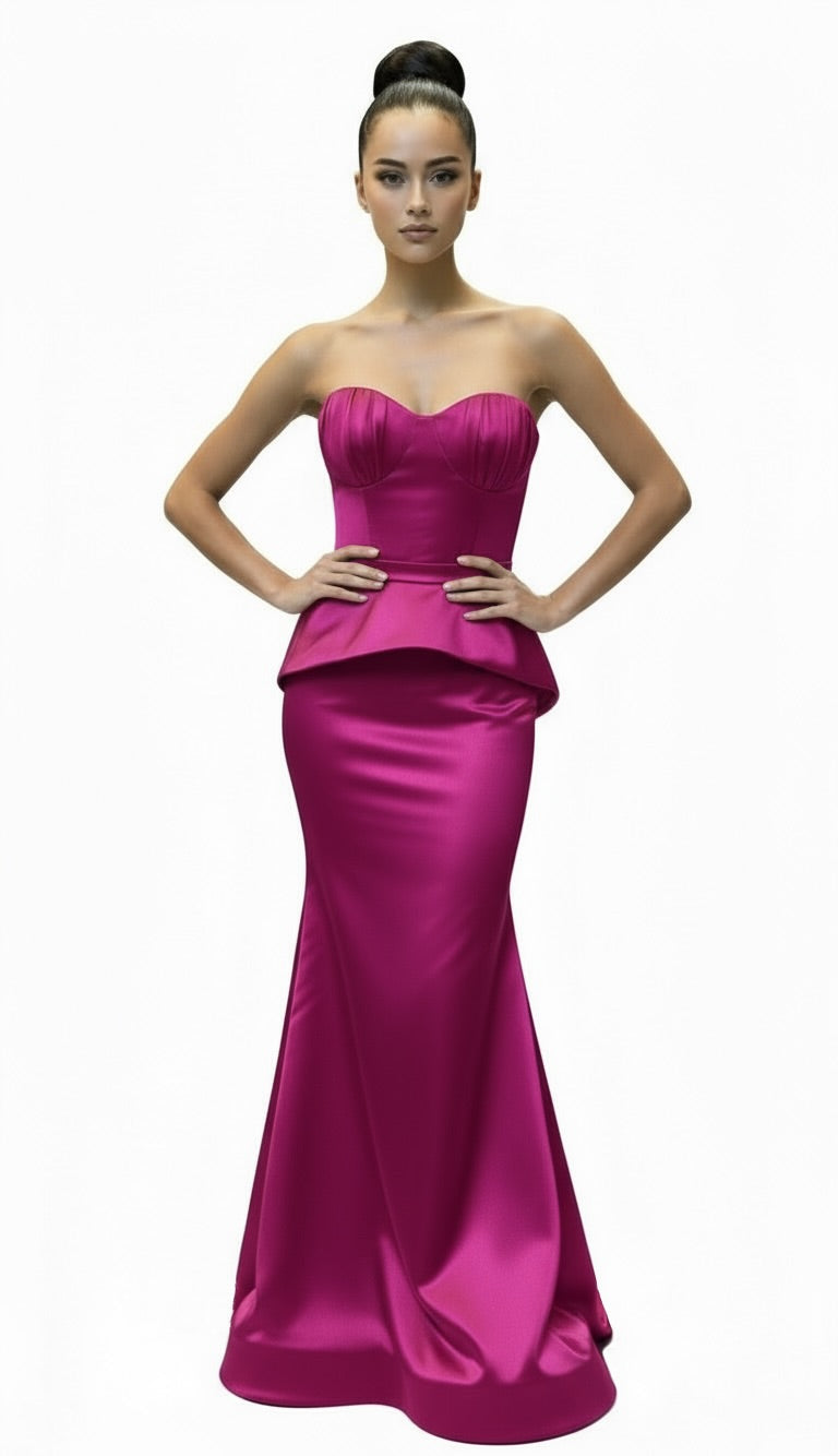 Strapless peplum gathered bust stretch taffeta gown