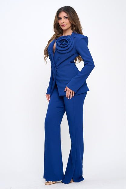 Rose Detail Jacket and High Waisted Side Split Pants Suit Set