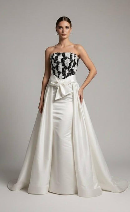 Strapless corset crochet floral lace and satin taffeta gown with detachable bow belt