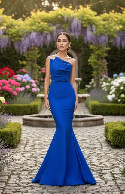 Asymmetrical strapless stretch taffeta gathered gown
