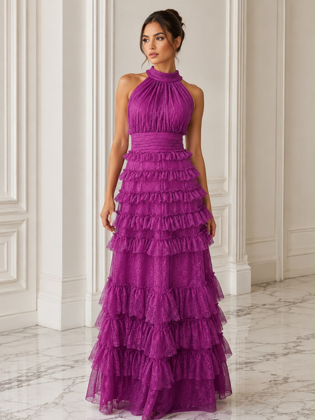 Captivating tiered tulle halter maxi dress
