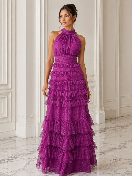 Captivating tiered tulle halter maxi dress