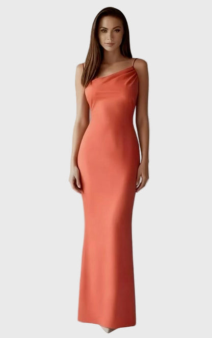 Asymmetrical satin matte gown and draping cape