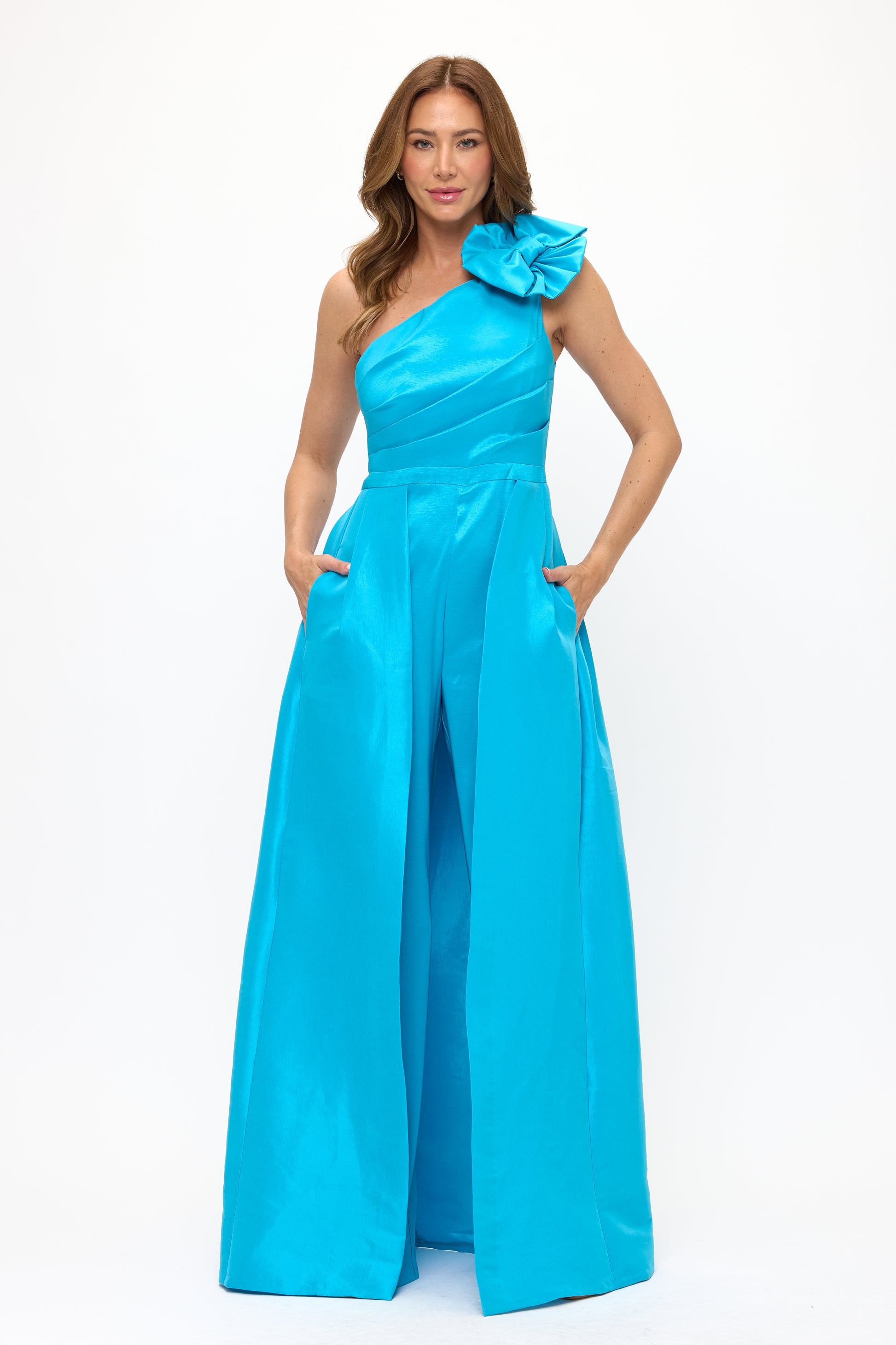 One shoulder bow taffeta jumpsuit-dress w pockets Rubber Ducky One shoulder bow taffeta jumpsuit-dress w pockets Rubber Ducky