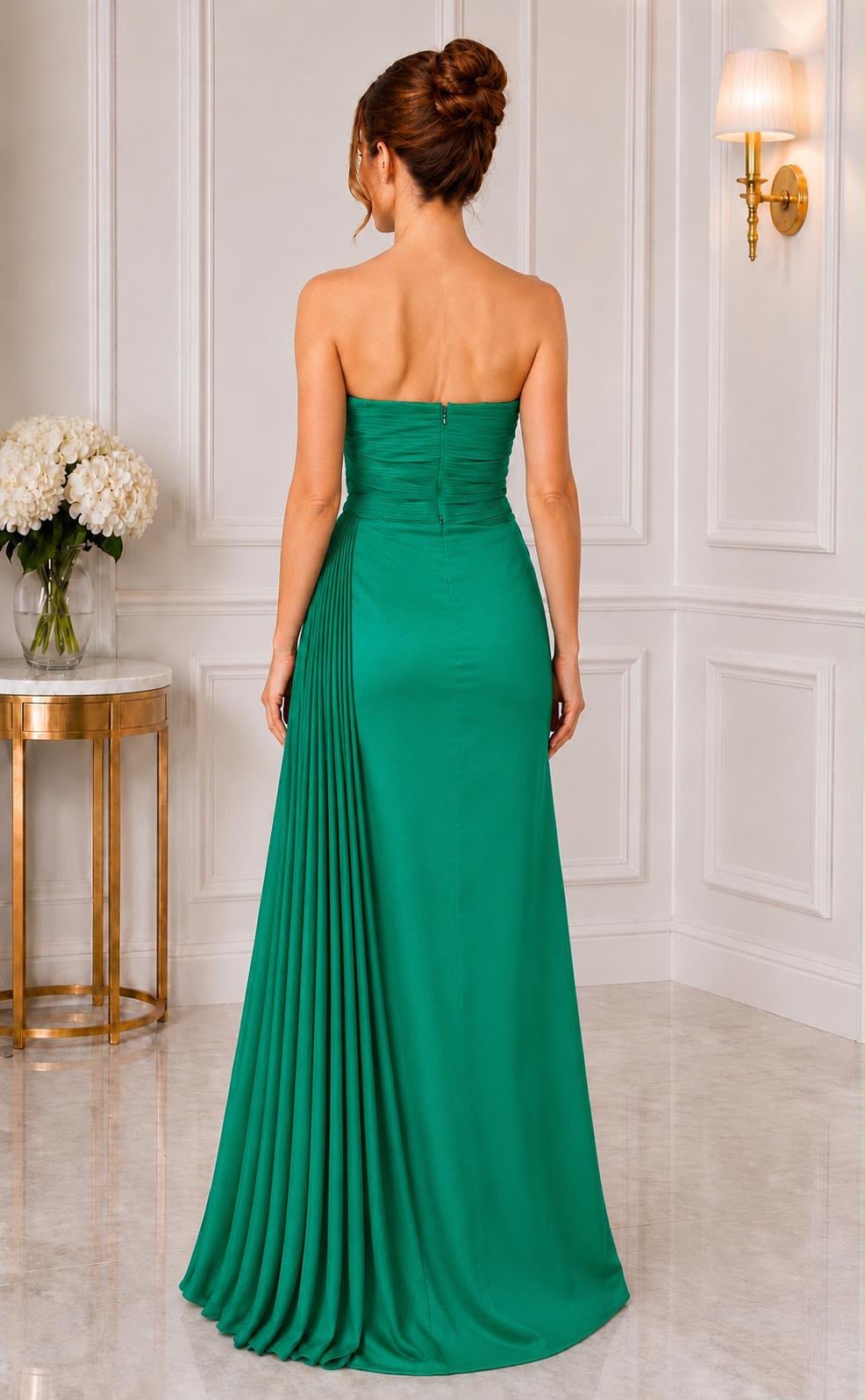 Strapless pleated bow taffeta slit gown