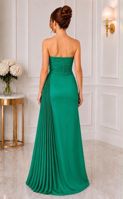 Strapless pleated bow taffeta slit gown