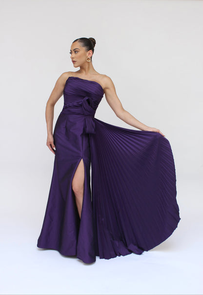 Victorian satin asymmetrical strapless knot detail side slit Ivanka gown