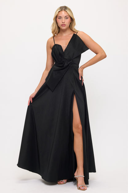 Asymmetrical oversized bow stretch taffeta slit gown