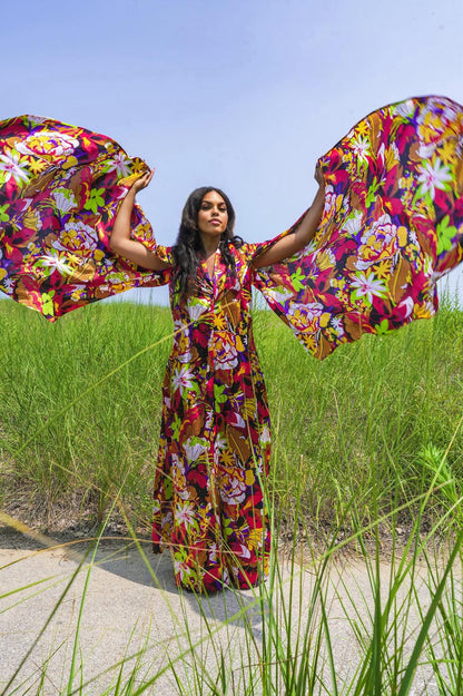 Cara tropical flower print kimono satin cape top with matching high waisted pants set