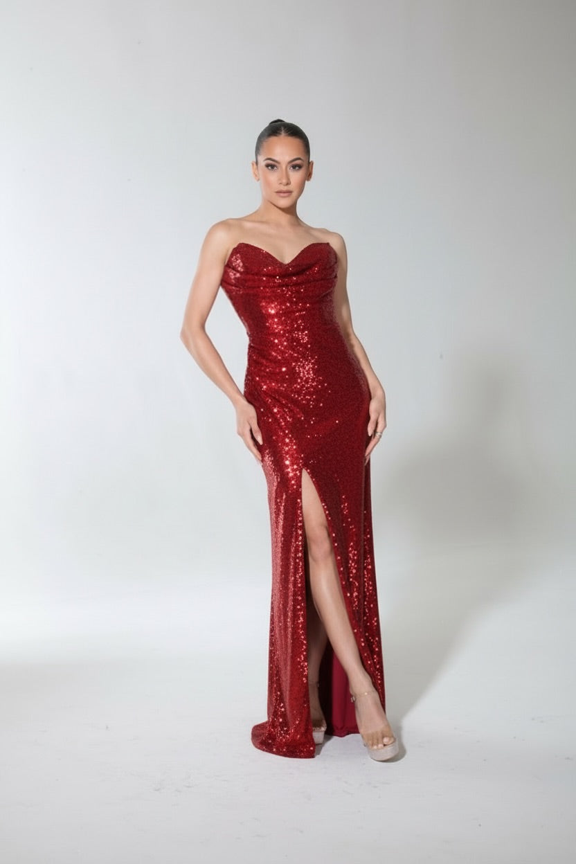 Strapless sequin heart shape cowl drape bodice high side slit dress