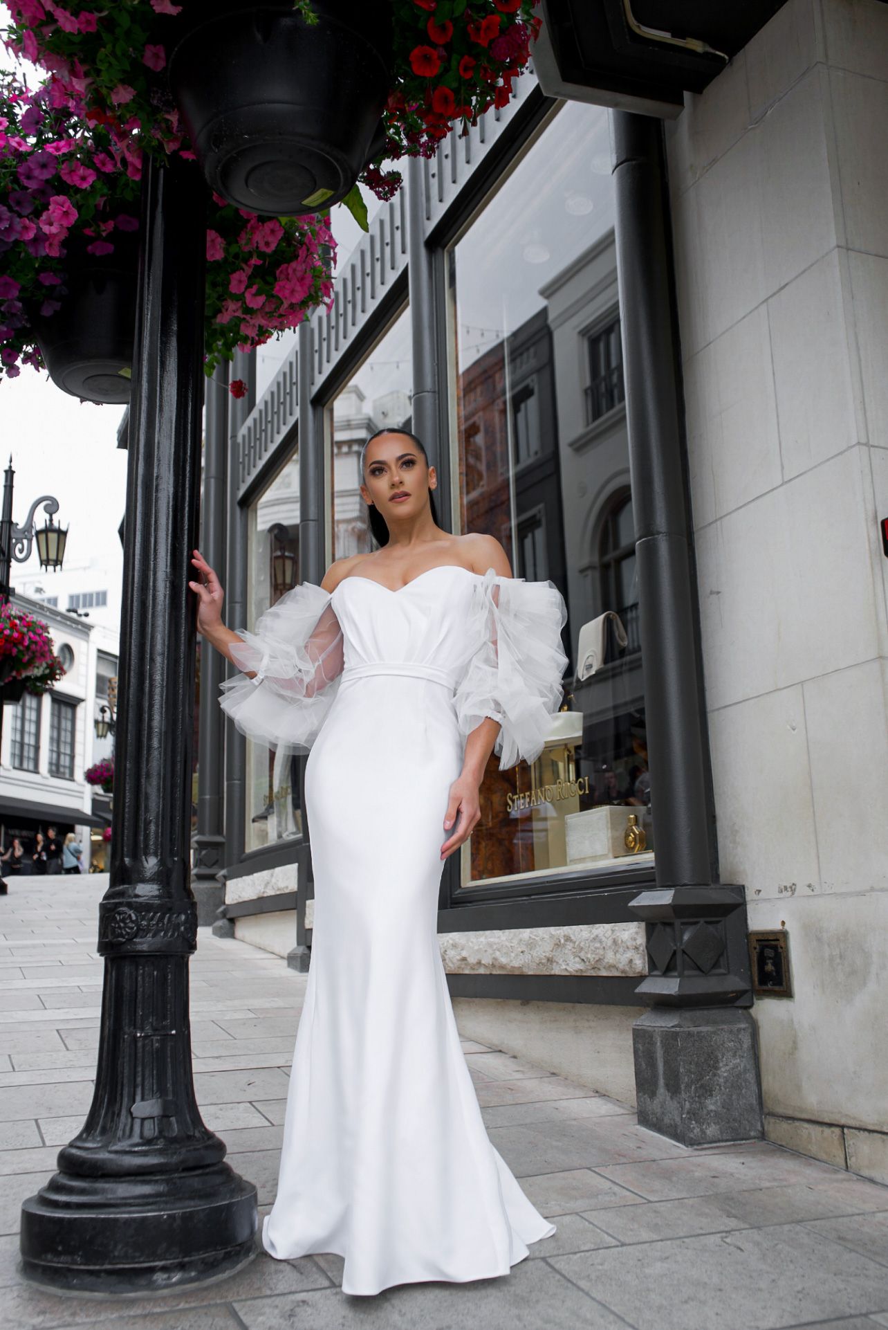 Off shoulder ruffle tulle sleeve mermaid gown