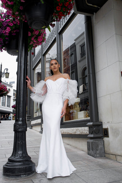 Off shoulder ruffle tulle sleeve mermaid gown