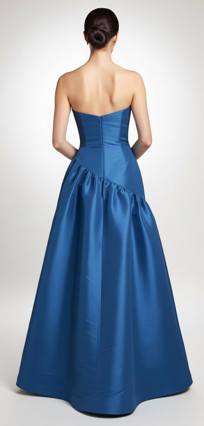 Strapless taffeta asymmetrical back detail gown
