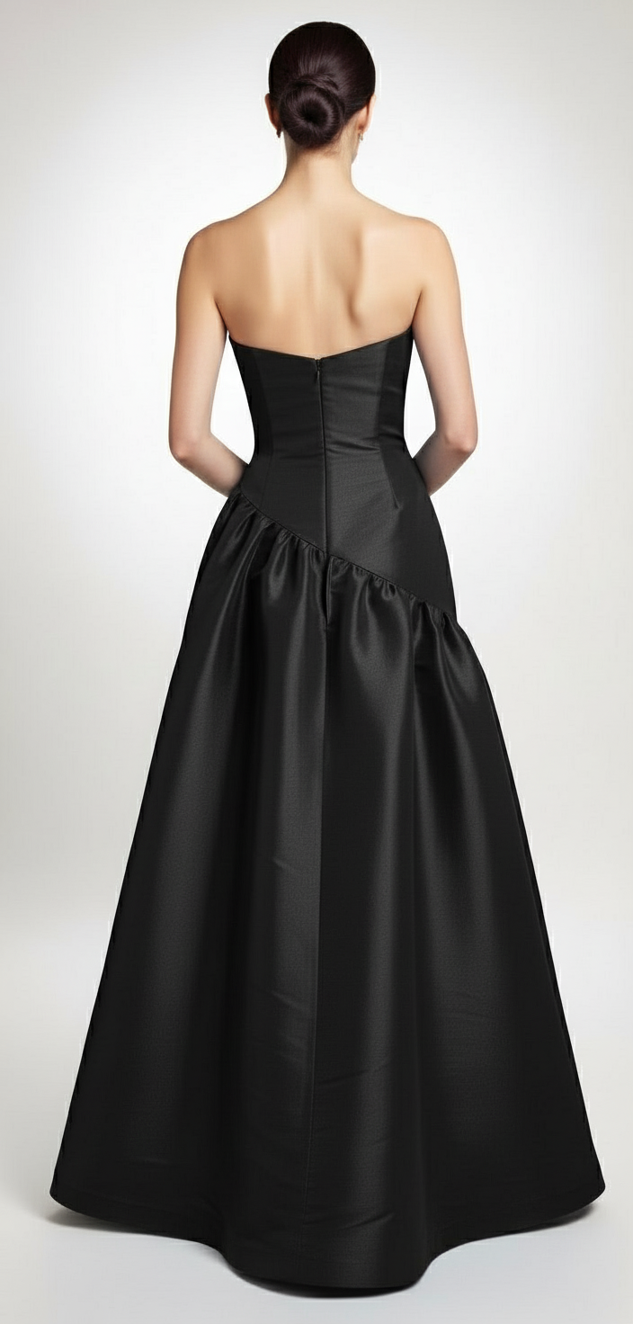 Strapless taffeta asymmetrical back detail gown