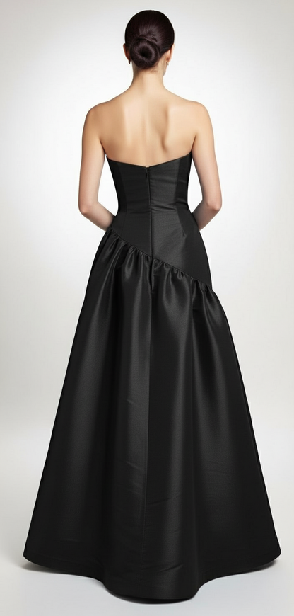Strapless taffeta asymmetrical back detail gown