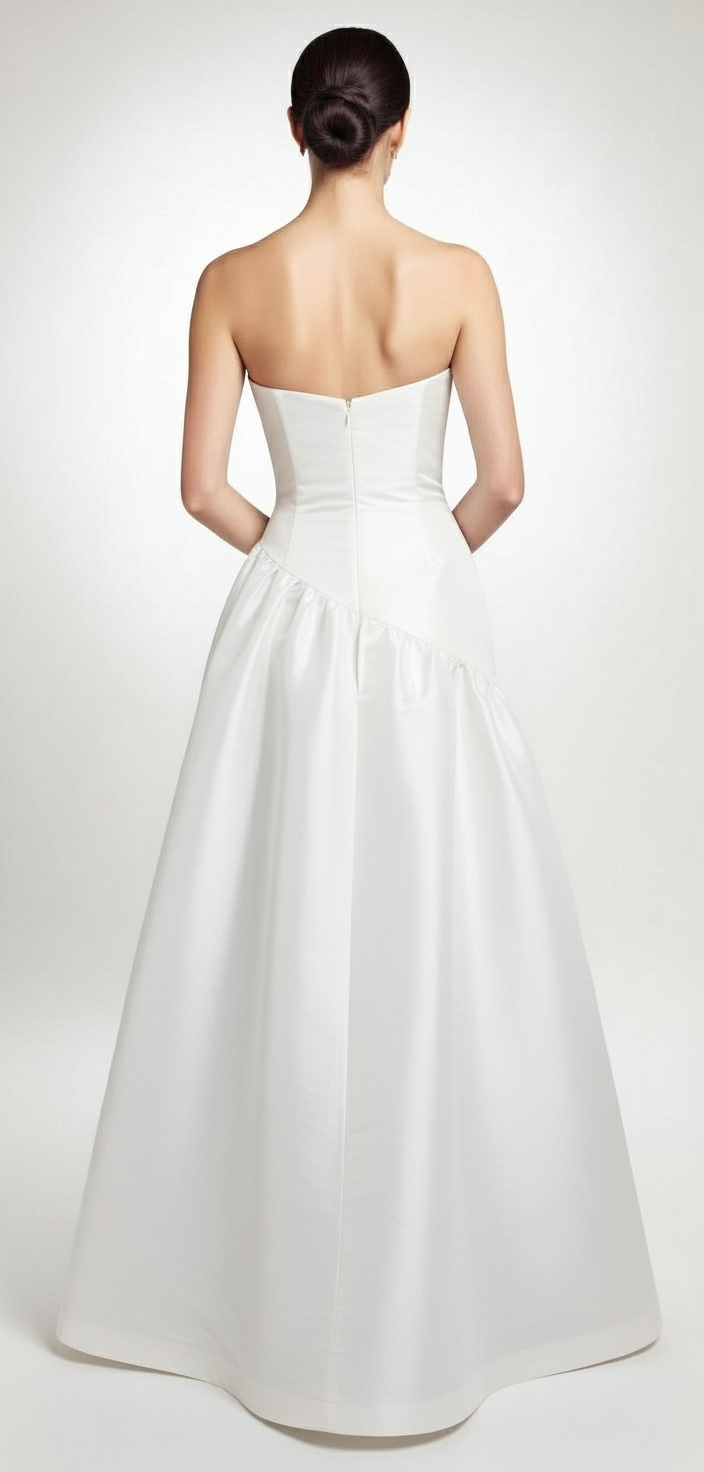 Strapless taffeta asymmetrical back detail gown