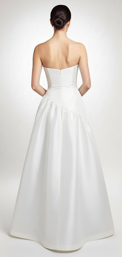 Strapless taffeta asymmetrical back detail gown