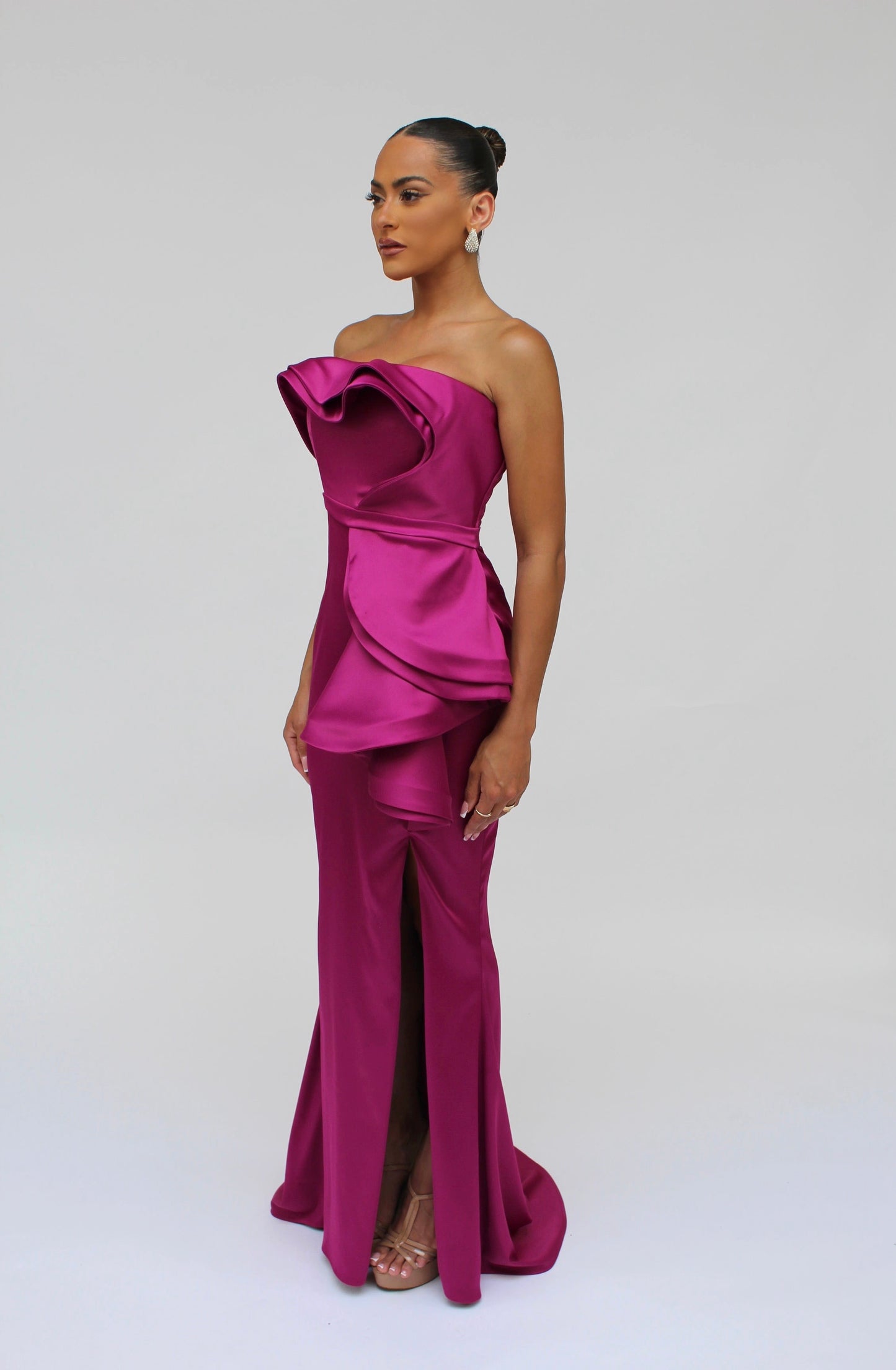 Strapless cascading drape gown