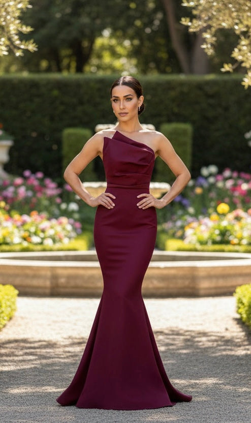 Asymmetrical strapless stretch taffeta gathered gown