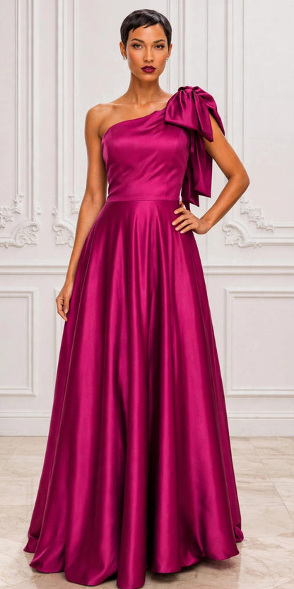 Elegant bow one shoulder satin ball gown