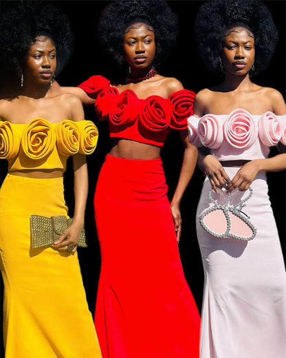 Rose detail off shoulder crop top and maxi skirt set