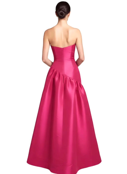 Strapless taffeta asymmetrical back detail gown
