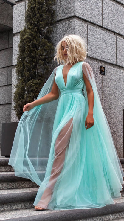 Flying Sleeve Soft Tulle Double Side Slit Open Back Maxi Dress