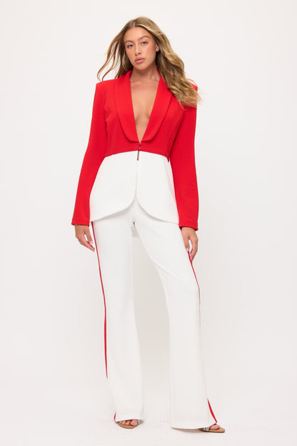Impressive Color block jacket and high waisted side striped pants suit set