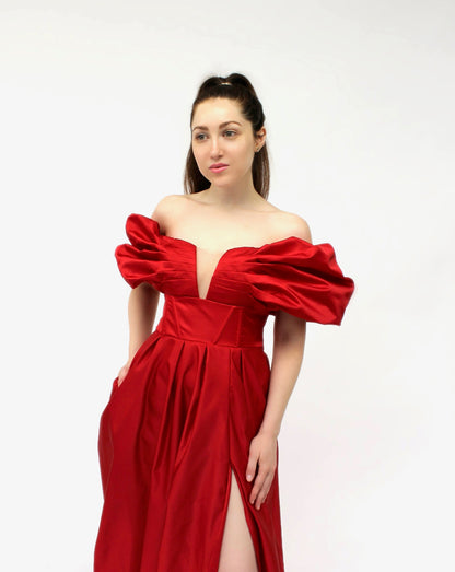 Midnight gala off shoulder satin gown w/ pockets