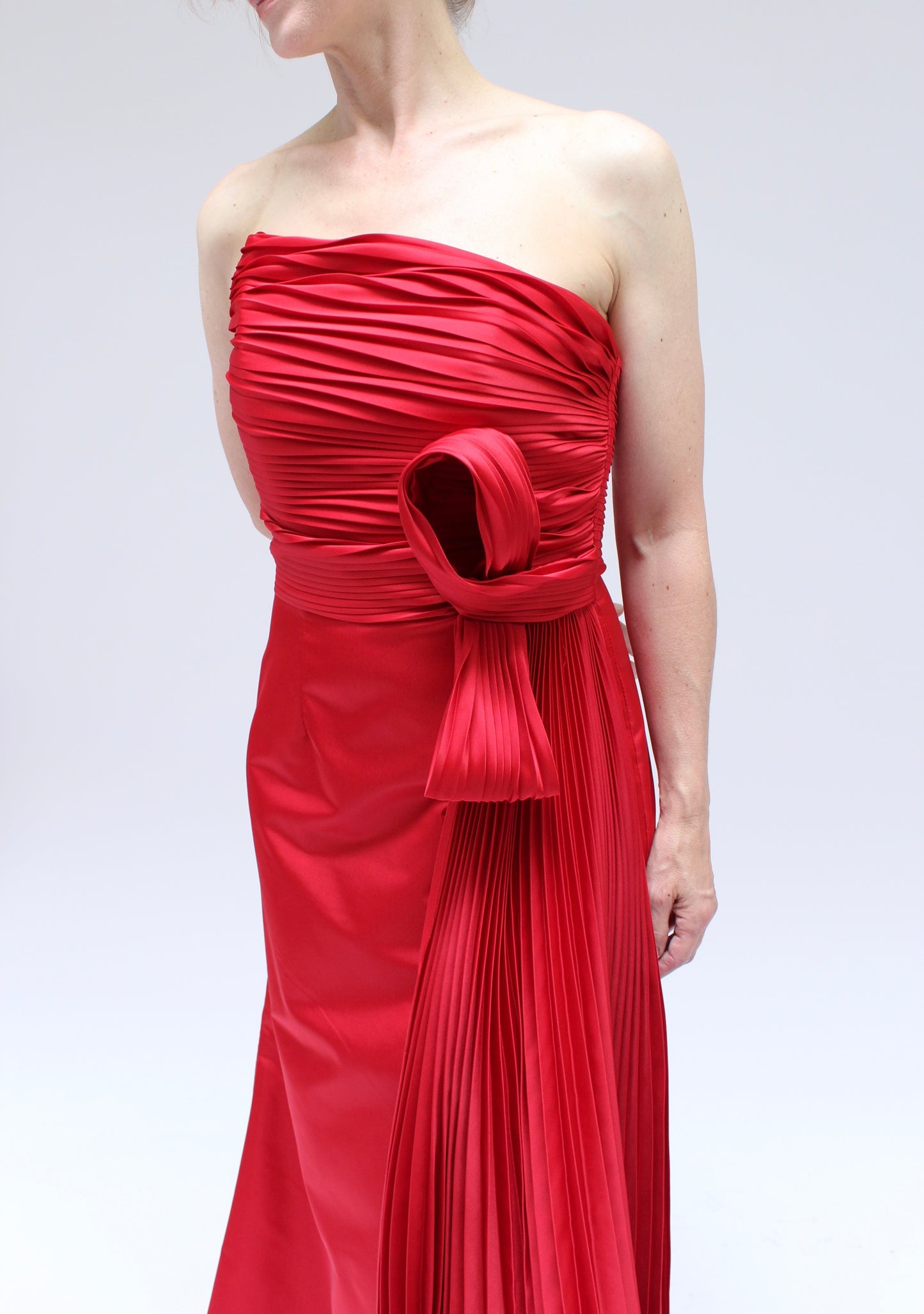 Victorian satin asymmetrical strapless knot detail side slit Ivanka gown