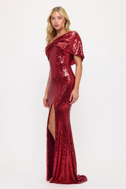 Sparkling sequin one shoulder bow side slit gown