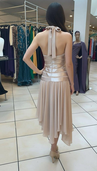 Silk striped ruffle trim drop waist halter neck midi dress