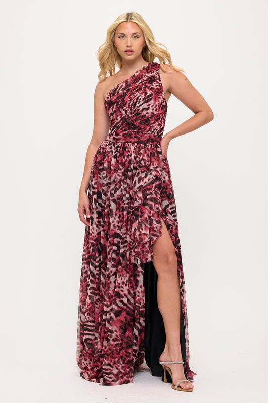 Animal Print one shoulder chiffon side slit maxi gown