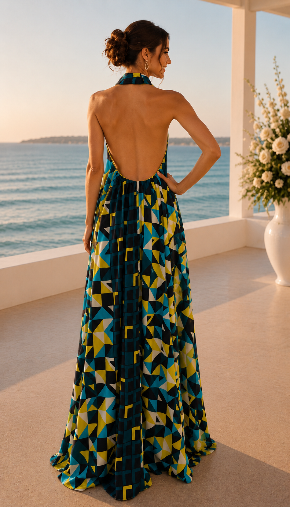 Chiffon print halter open back maxi dress