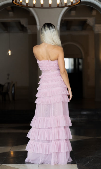 Strapless tulle tiered ruffle maxi dress