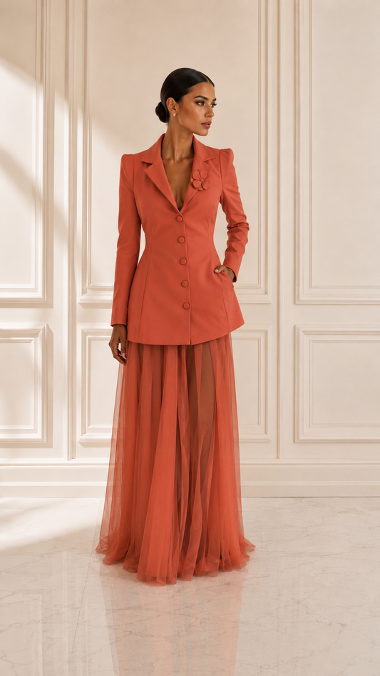 Exquisite stretch twill blazer dress & removable tulle skirt set