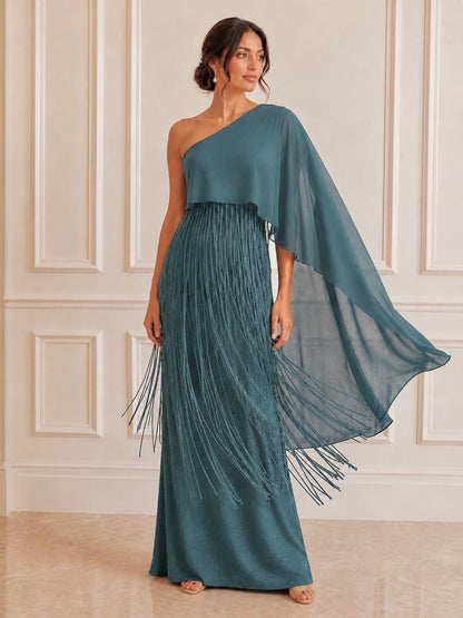 Stunning one-shoulder chiffon fringes evening maxi.