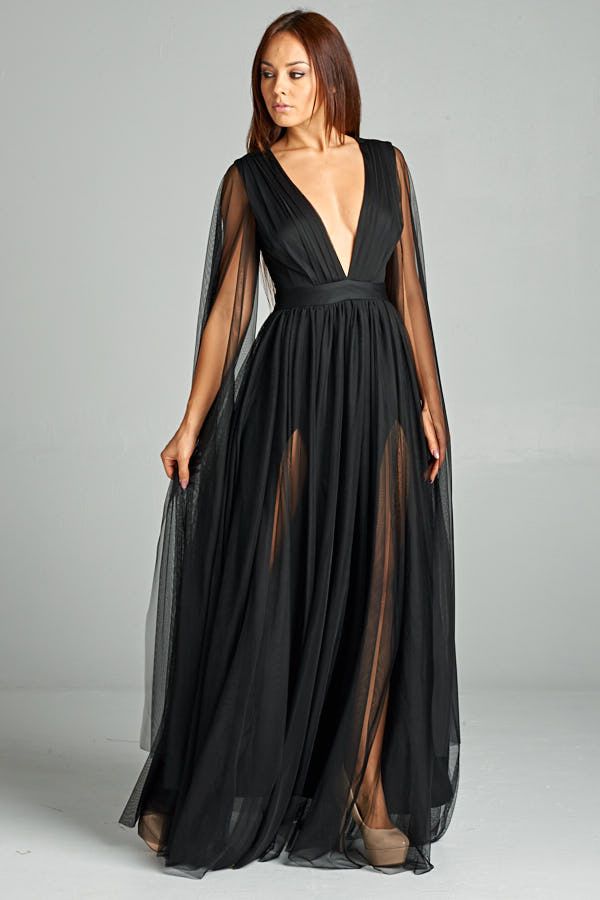 Flying Sleeve Soft Tulle Double Side Slit Open Back Maxi Dress