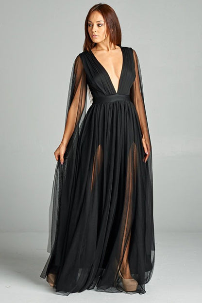 Flying Sleeve Soft Tulle Double Side Slit Open Back Maxi Dress