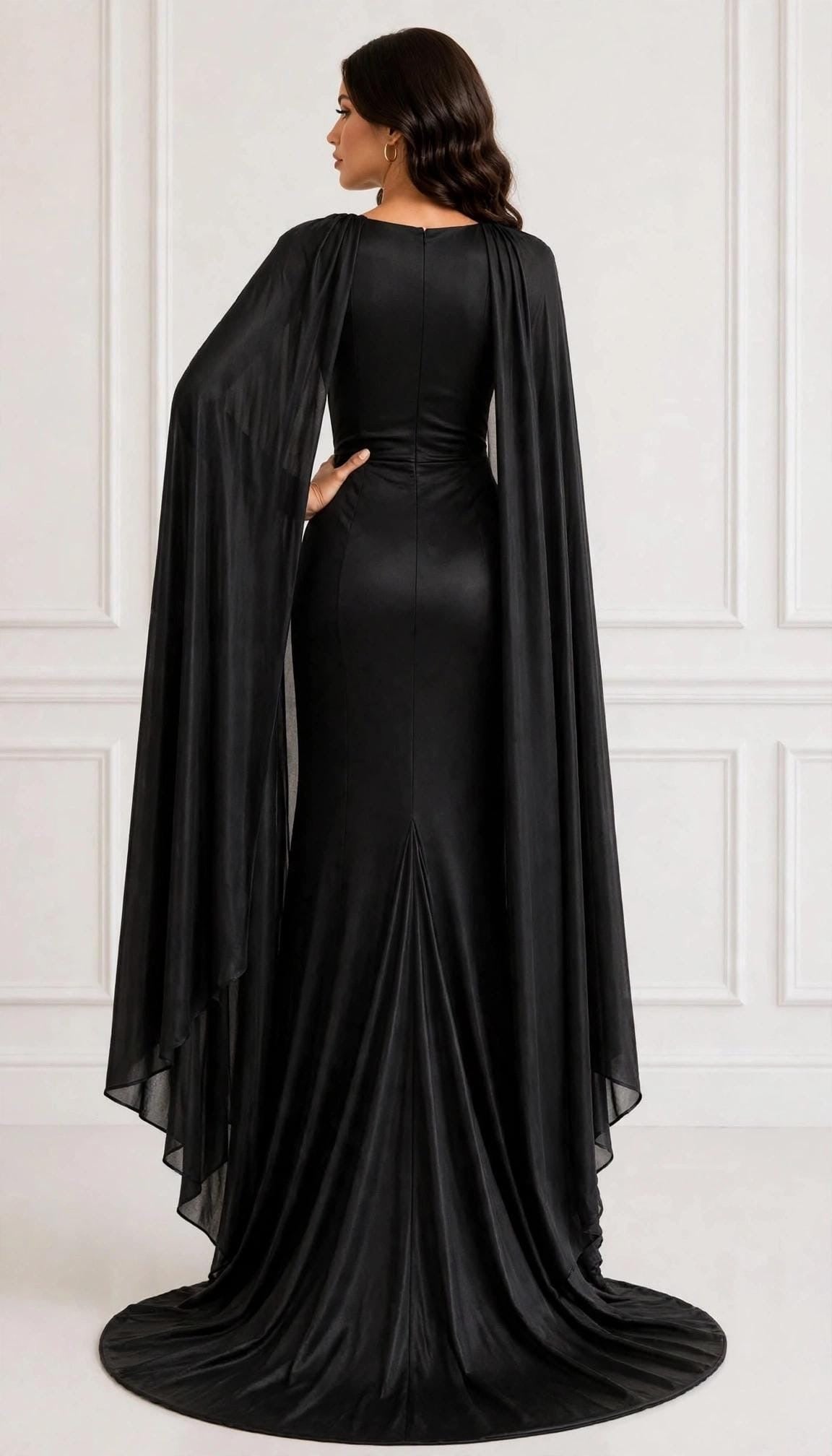 Sleek silhouette angel wing sleeves maxi dress