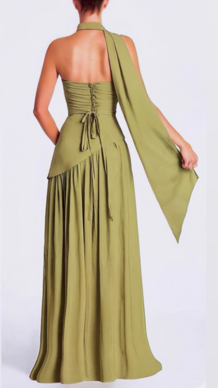 Strapless asymmetrical corset slit gown