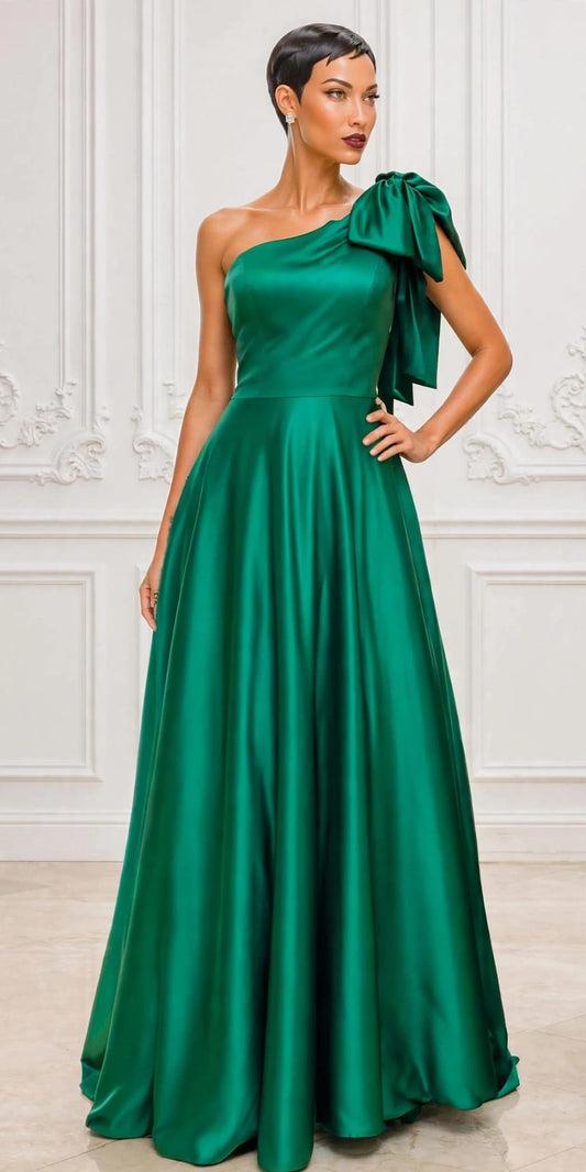 Elegant bow one shoulder satin ball gown