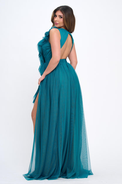 Elegant engagement ruffle layered tulle cascading gown with front slit