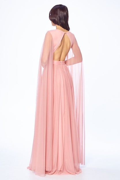 Flying Sleeve Soft Tulle Double Side Slit Open Back Maxi Dress