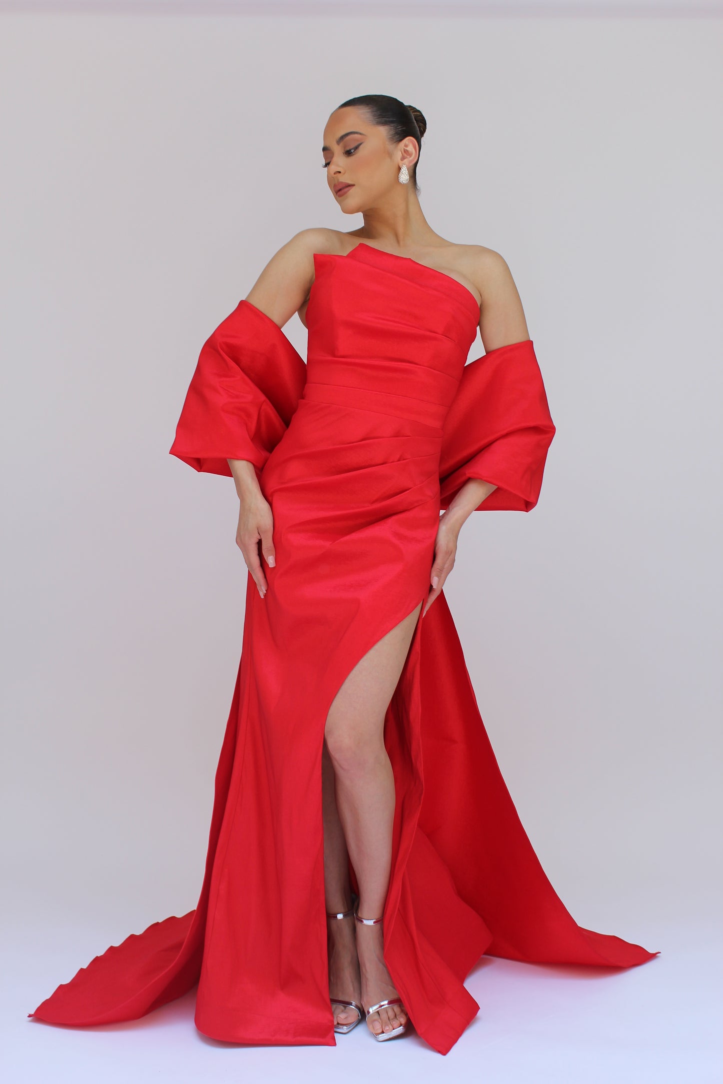 *Pre-order Lilian Asymmetrical strapless gown with detachable bow cape