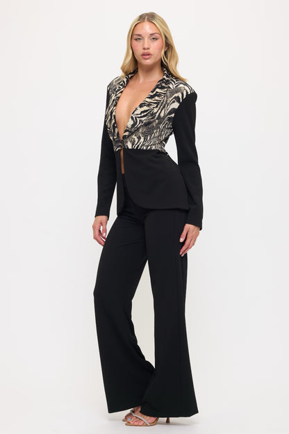 Bold tiger print jacket and high waisted pants suit set