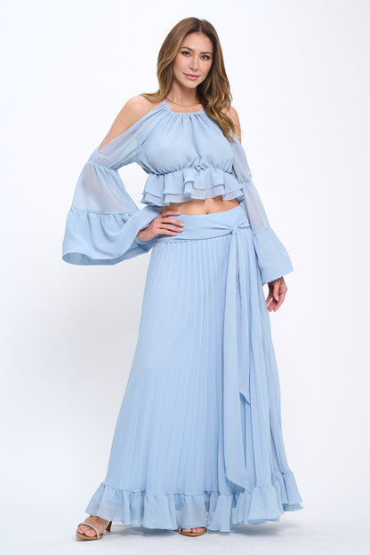 Chiffon ruffle crop top and maxi skirt set